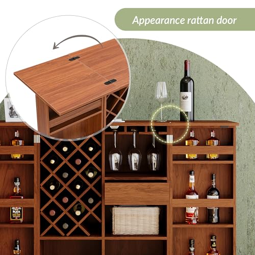 LUMISOL Bar Wine Cabinet with Storage, 42.5" Home Bar Cabinet, Carved Wine Sideboard with Wine Bottle Holders, Accent Storage Cabinet for Home Bar Living Room Dining Room, Natural