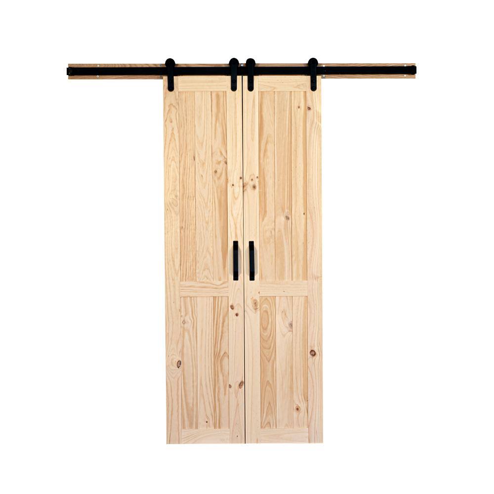 Home Fashion Technol 42 in. x 84 in. Vertical Plank Stain Ready Solid Wood Split Barn Door with Hardware Kit