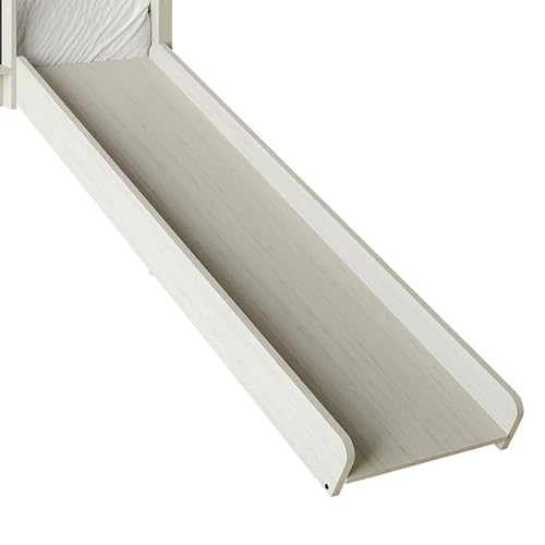 Low Loft Bed with Slide, Climbing Ladder, Chalkboard, Wood Twin Loft Bed Frame with Guardrail for Kids Toddler Boys Girls, Antique Gray
