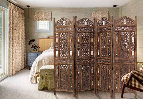 Room Divider Wood Screen - Ghanti Bells Antique Brown - 4 Panel Folding 72 x 80 - Assembled Hand Carved Decorative Functional Versatile Portable Partition Reversible Privacy Boho - COTTON CRAFT