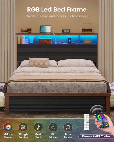 VIAGDO Wood Bed Frame Full Size with 4 Storage Drawers and Charging Station, Fluted Led Full Bed Frame with 2 Tier Storage Headboard, No Box Spring Needed,Wood