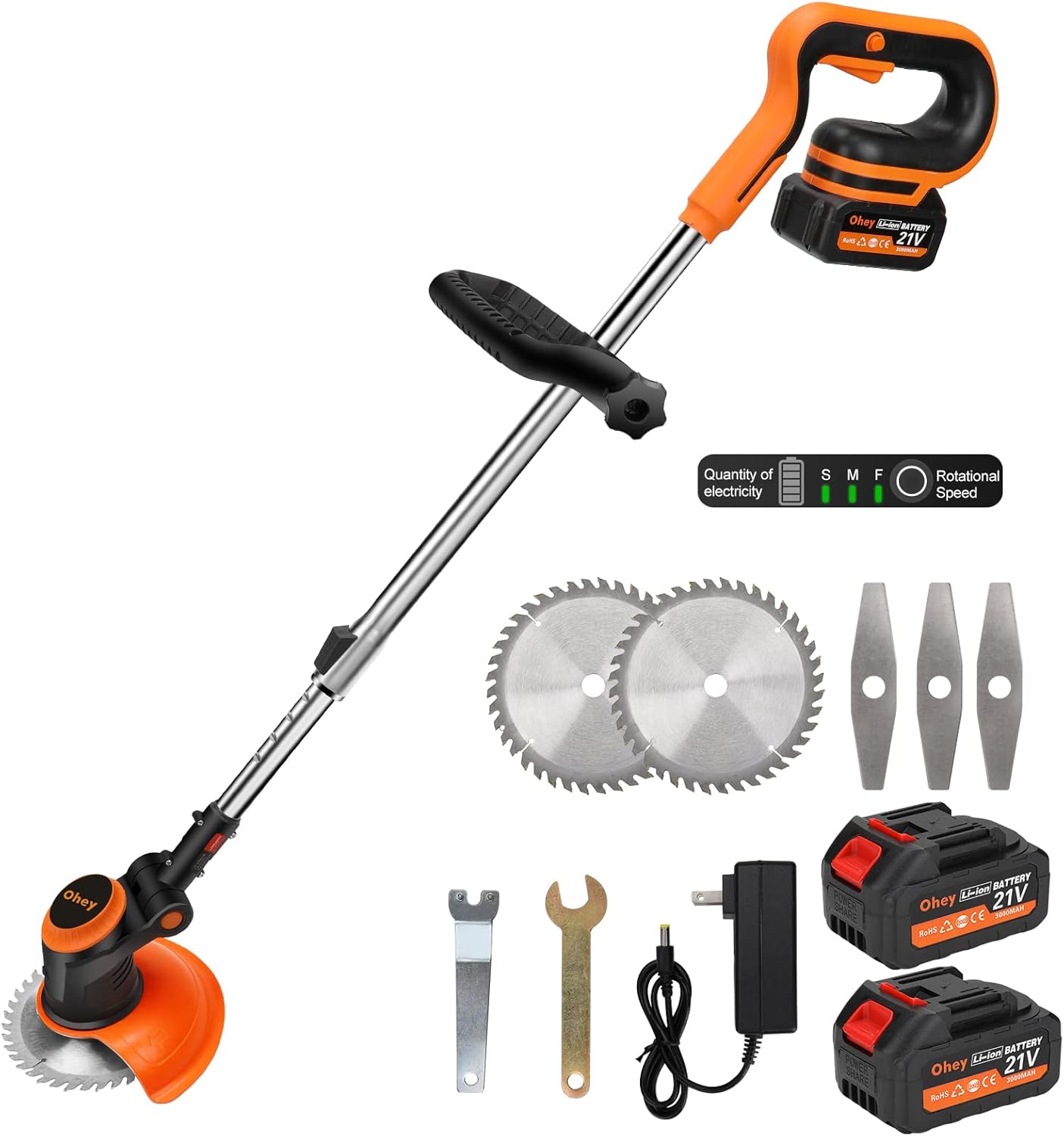Brushless Motor Weed Eater, 3 Level Adjustable Speed Electric Weed Wacker Cordless Trimmer with Power Display, Portable Battery Powered Rechargeable Home Lawn Mower for Lawn, Yard, Garden