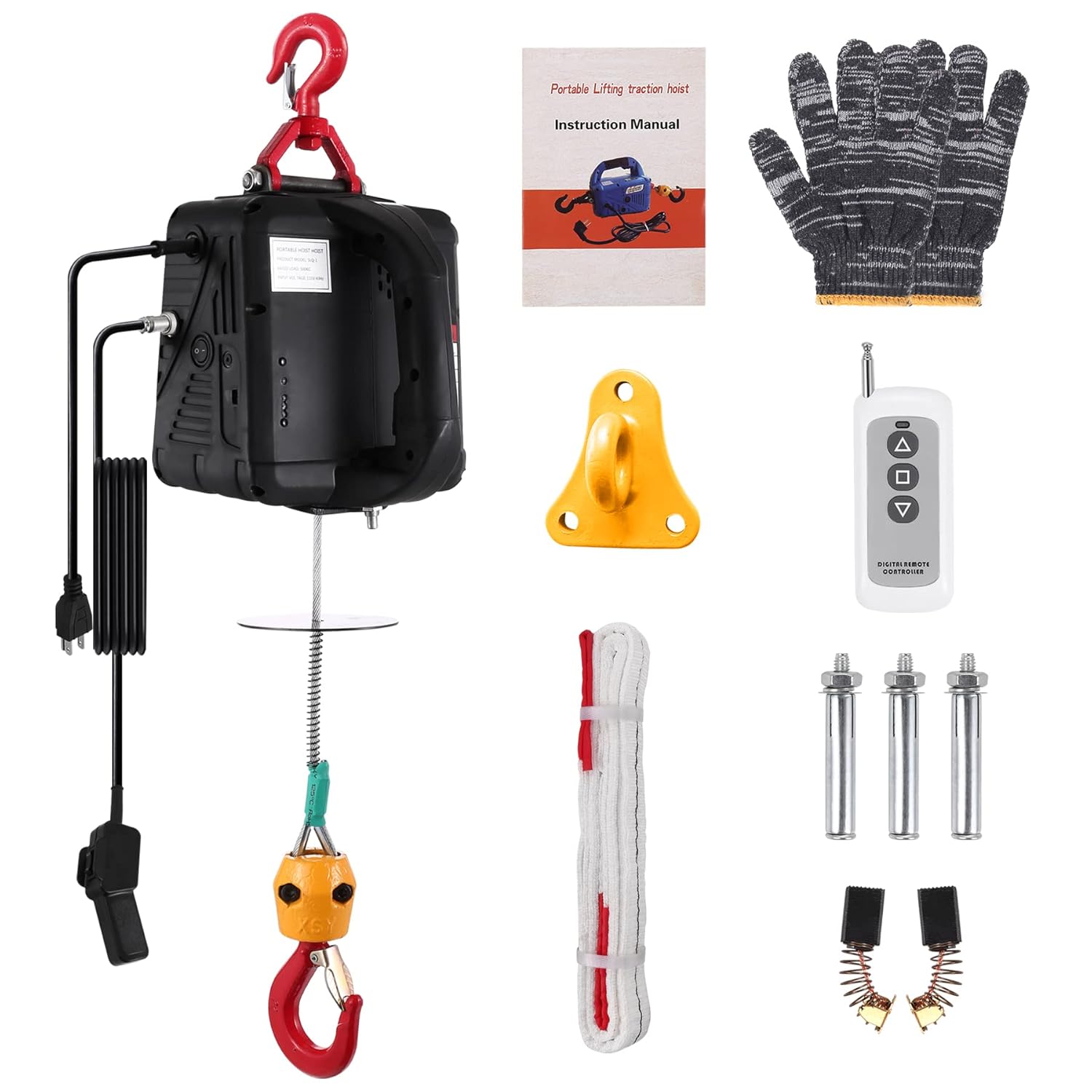 Portable 3-in-1 Electric Hoist Winch 1100 LBS, 110V 1500W Electric Winch 25ft Towing Distance with Wire&Wireless Remote Control Powerful Electric Hoist