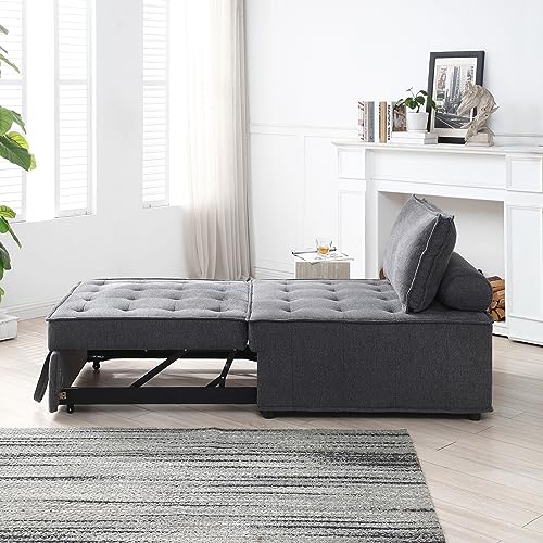 Bellemave 3 in 1 Pulling Out Ottoman Sofa Bed,Multipurpose Faux Leather Folding Ottoman Sleeper Couch Lounger,Convertible Adjustable Sleeper Chair for Living Room Apartment Office（Dark Grey PU）