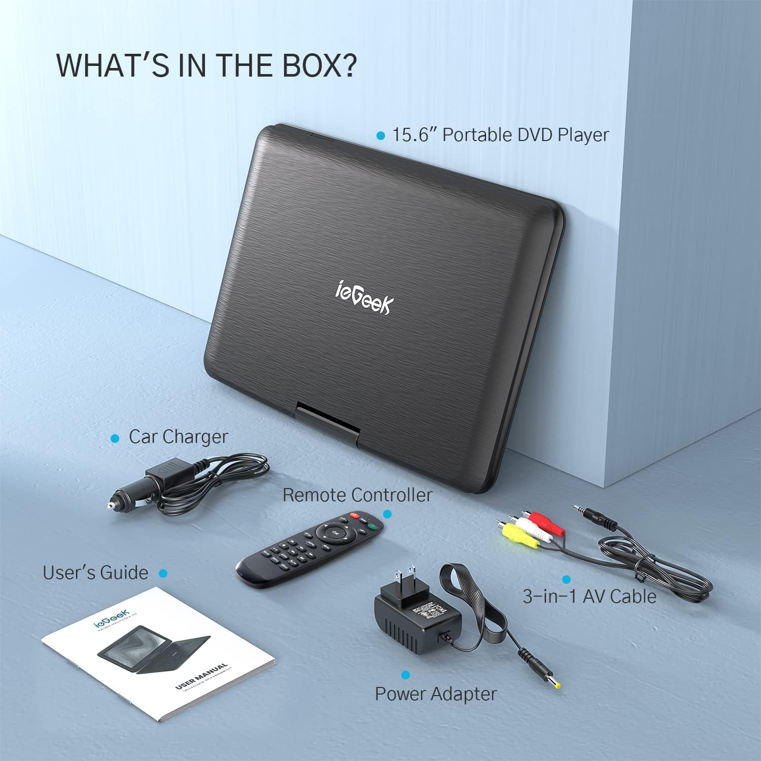 ieGeek 17.5" Portable DVD Player with 15.6" Swivel HD Large Screen, 6 Hrs 5000mAH Rechargeable Battery, High Volume Speaker, Support USB/SD Card/Sync TV, Car Charger, Remote Control, Region-Free