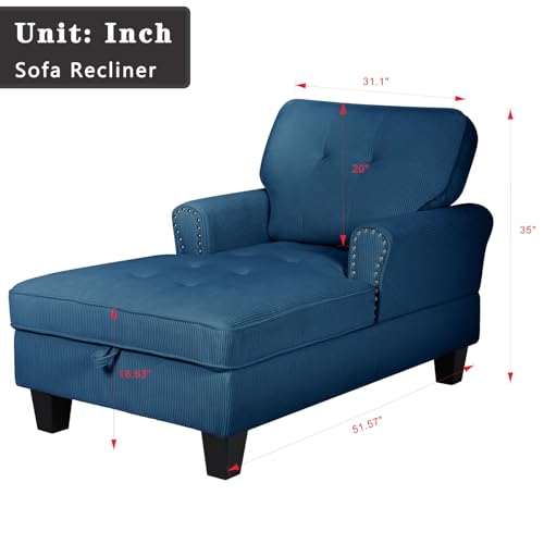 63" Sleeper Chaise Lounge Indoor，2 in1 Modern Corduroy Fabric Upholstered Recliner Sofa Bed with Adjustable backrest & Storage Space for Bedroom, Living Room，Office (Blue Corduroy)
