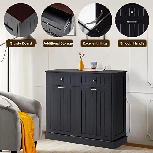Tilt Out Trash Cabinet, Kitchen Trash Cabinet with Hideaway Drawer, Free Standing Trash Can Holder Cabinet with Storage, Wooden Hidden Trash Can with Bamboo Cutting Board, Dog Proof(White)
