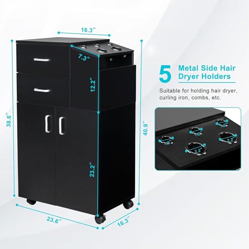 Salon Trolley Cart with Wheels, Salon Station Rolling Cart with 5 Hair Dryer Holders, 2 Drawers, 1 Large Cabinet (White)