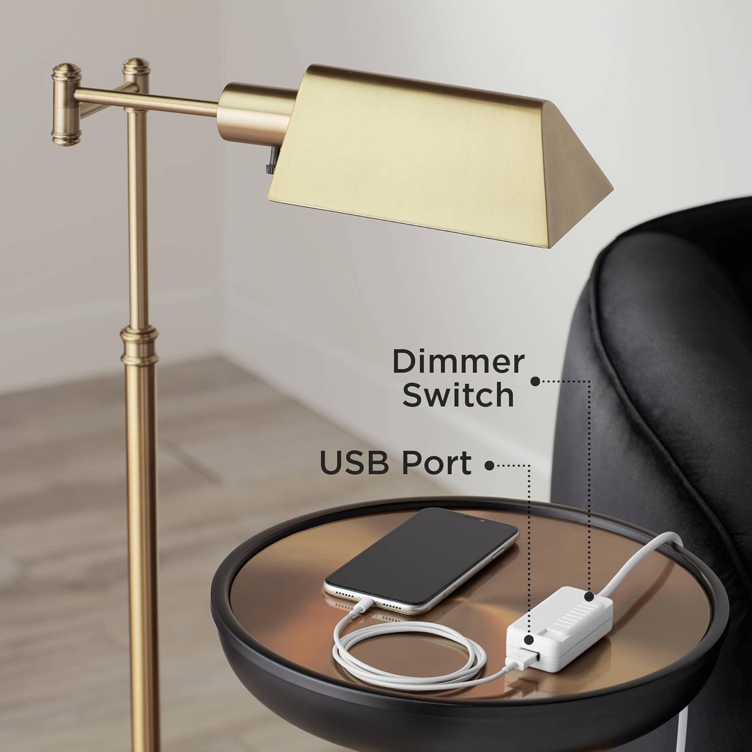 Regency Hill Jenson Industrial Adjustable Swing Arm Pharmacy Lamps Floor Standing with USB Charging Port 54" Tall Aged Brass Metal Decor for Living Room Reading House Bedroom Home Office