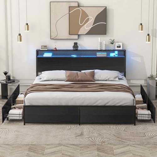 Queen Bed frame with LED Lights, Metal Platform Bed Frame with 4 Storage Drawers, Tall Bookcase Headboard and Charging Station, Sturdy, No Box Springs Needed Black