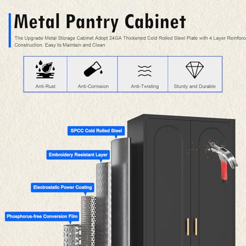 Metal Storage Cabinet with Doors and Shelves, 71 Inch Tall Kitchen Pantry Cabinet, Pantry Cabinets for Kitchen Storage, Freestanding Cupboard for Living, Dining Room, White, Assembly Required