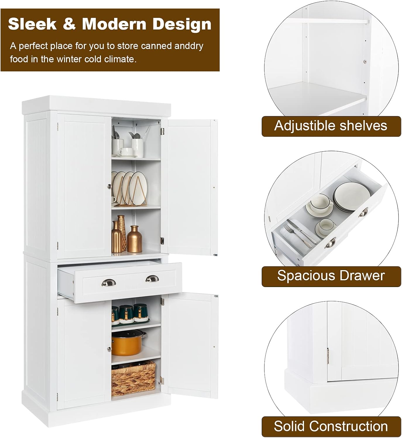 VINGLI Upgraded 72” Freestanding White Storage Cabinet with Doors and Shelves Adjustable, Wood Pantry Storage Cabinet with Drawers for Kitchen, Bedroom, Living Room, Assembly Required