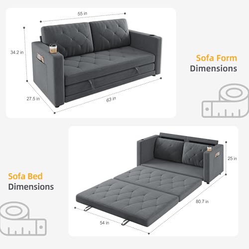 Lvifur 3-in-1 Loveseat Sleeper Sofa, Pull Out Sleeper Couch Full Size, Foldable Futon Sofa Bed for Small Space, Convertible Floor Couch with Side Pockets for Living Room (Beige)