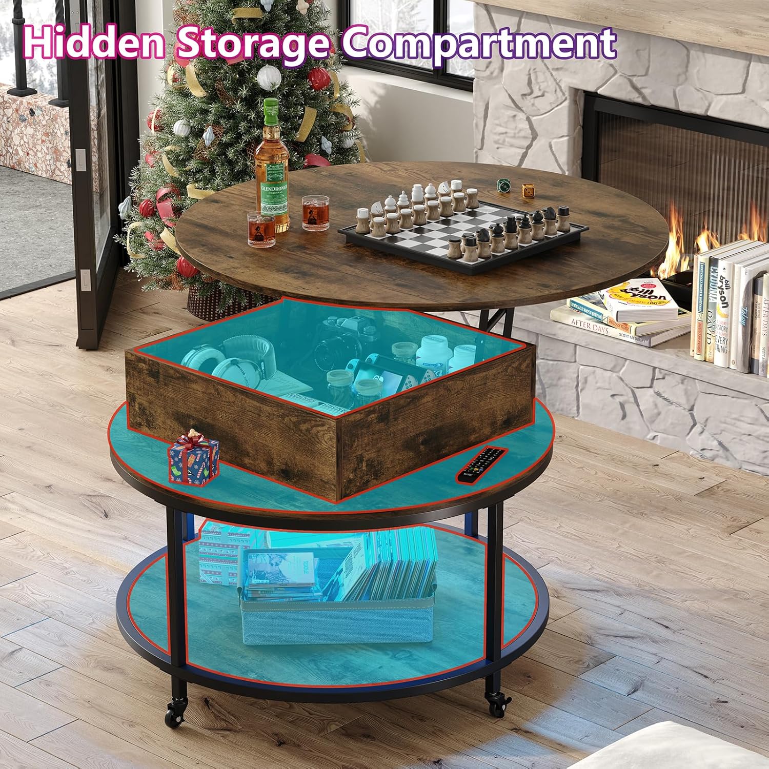 35.43''W Lift Top Round Coffee Table, Coffee Table with 2-Tier Storage, Modern Led Circle Coffee Table with Hidden Storage Compartment & Wheels Dining Table for Home, Rustic Brown