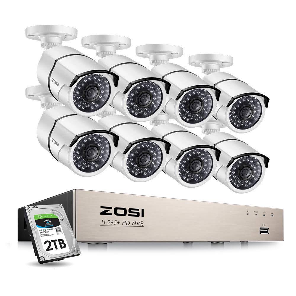ZOSI 1080p PoE 8-Channel 2TB Hard Drive DVR Security Camera System with 8-Wired Bullet Cameras