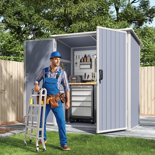 Aoxun 6 x 8 FT Outdoor Storage Shed with Window, Resin Shed with Floor & Lockable Doors, Garden Shed Waterproof Plastic Tool Shed with Sloped Roof for Backyard, Garden, Patio, Lawn, Grey