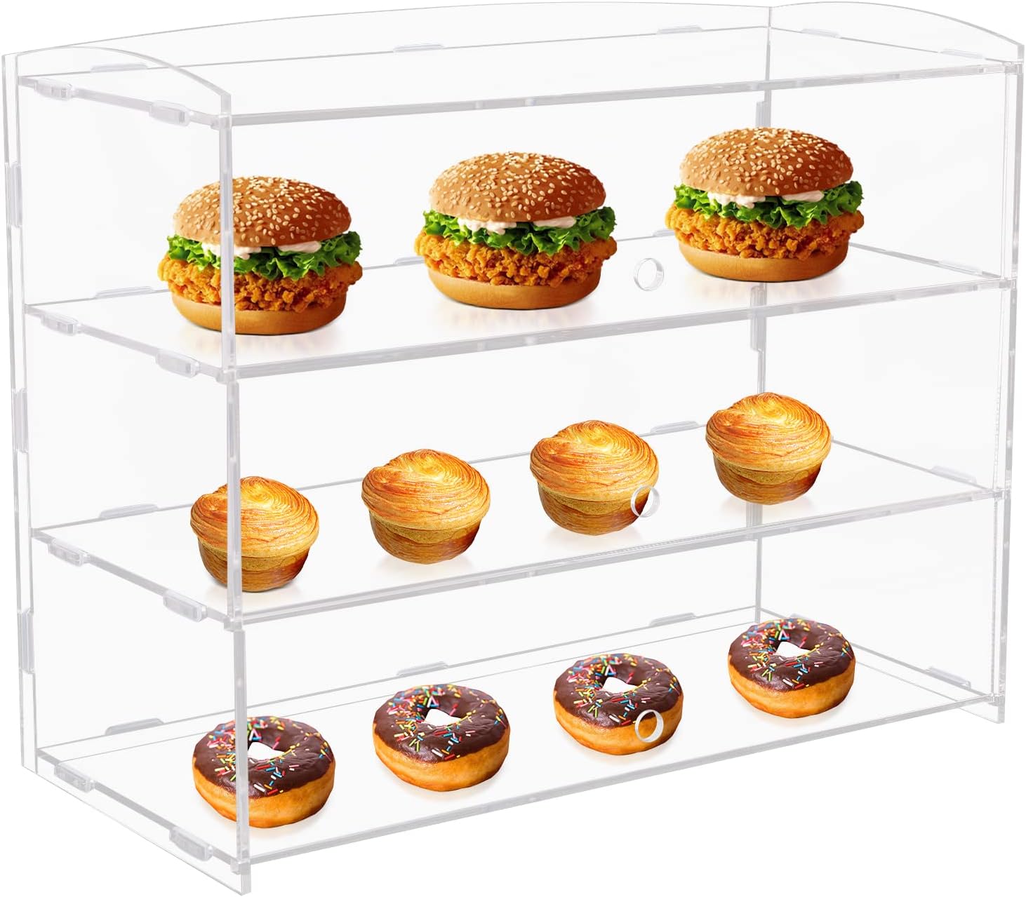 3-Tier Tray Acrylic Clear Display Case, Pastry Display Case, Countertop Bakery Display Case with 3 Flexible Doors, Acrylic Display Donut Cookie Shelf Case