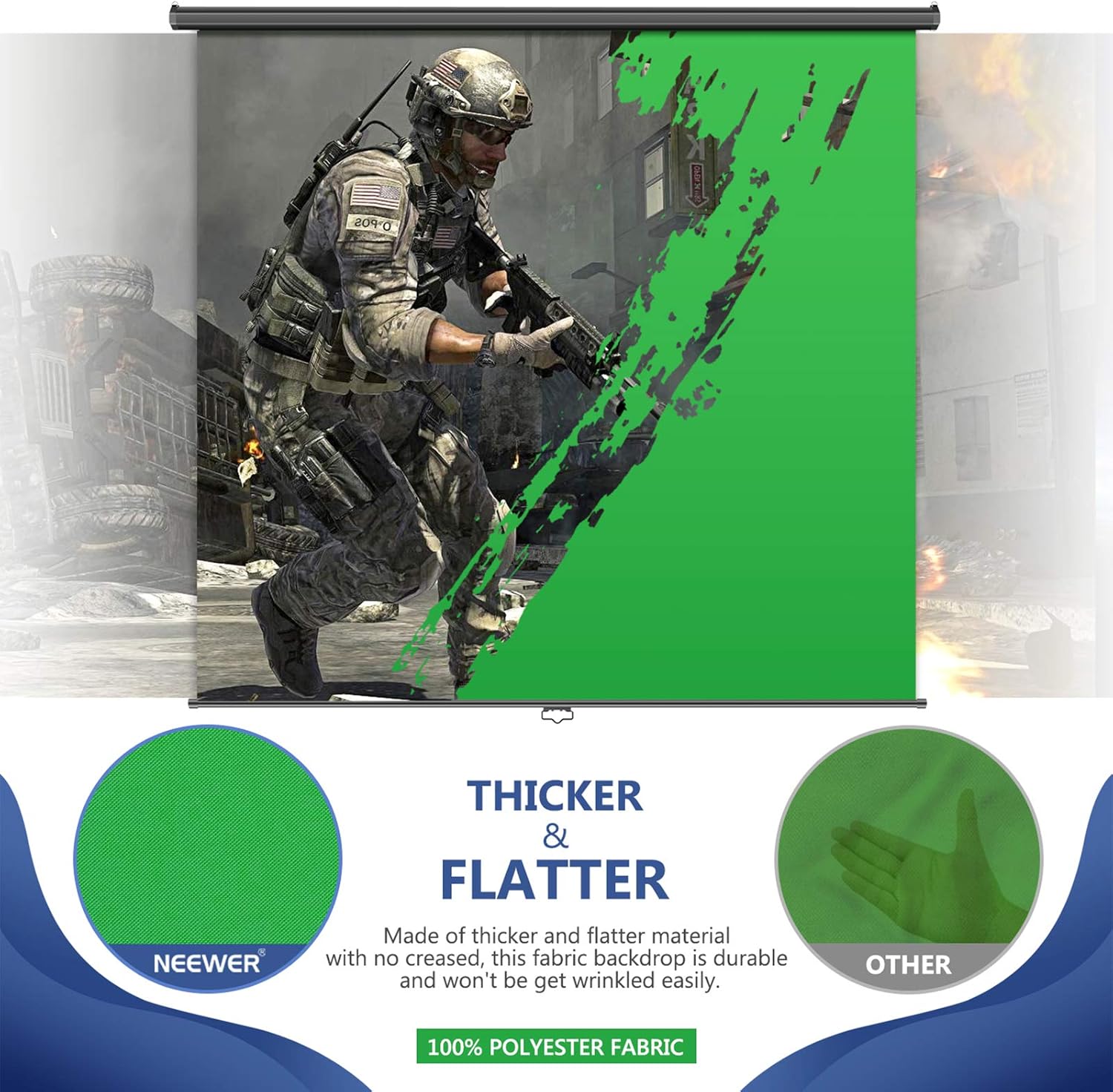 Neewer Green Screen, 5x6ft/1.5x1.8m Wall Ceiling Mountable Chroma Key Green Backdrop for Background Removal, Pull Down Auto-Locking, Wrinkle-Resistant Polyester, Aluminum Shell for Video Game Stream