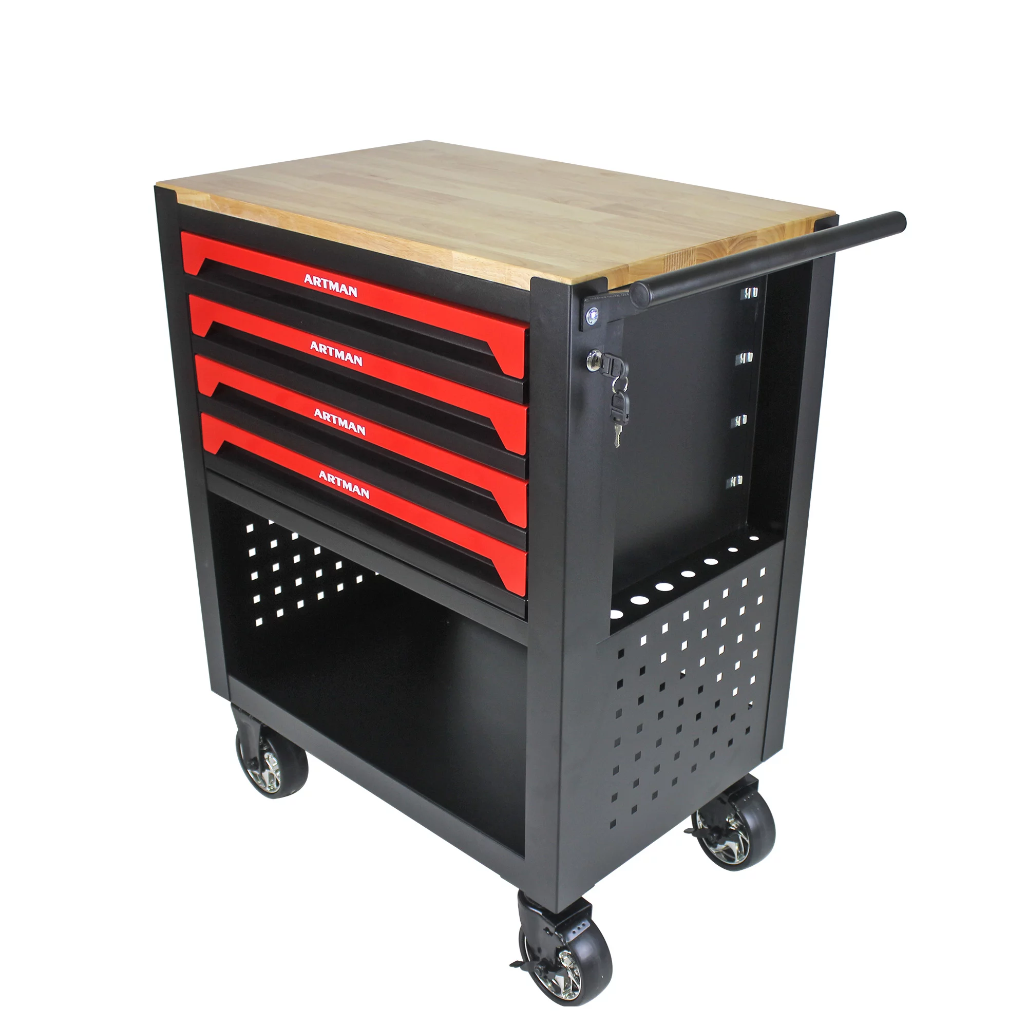 Seizeen 4-Tier Rolling Tool Cart, Multi-Purpose Mechanic Tool Chest On Wheels with Cabinet, Extended Tray & Handle, Heavy Duty Work Bench with Wooden Top and Tool Storage Organizer