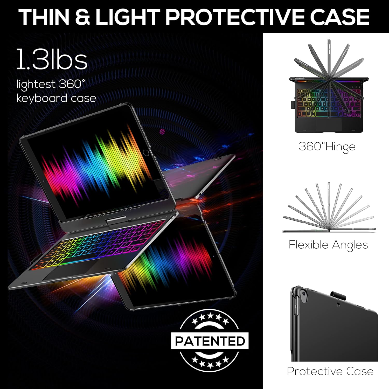 typecase Touch Ultra iPad 9th Generation Case with Keyboard (10.2, 2021) - Trackpad, RGB Backlight, 360° Rotatable, Thin & Light for 8th Gen (2020), 7th Gen (2019), Air 3, Pro 10.5 (Black)