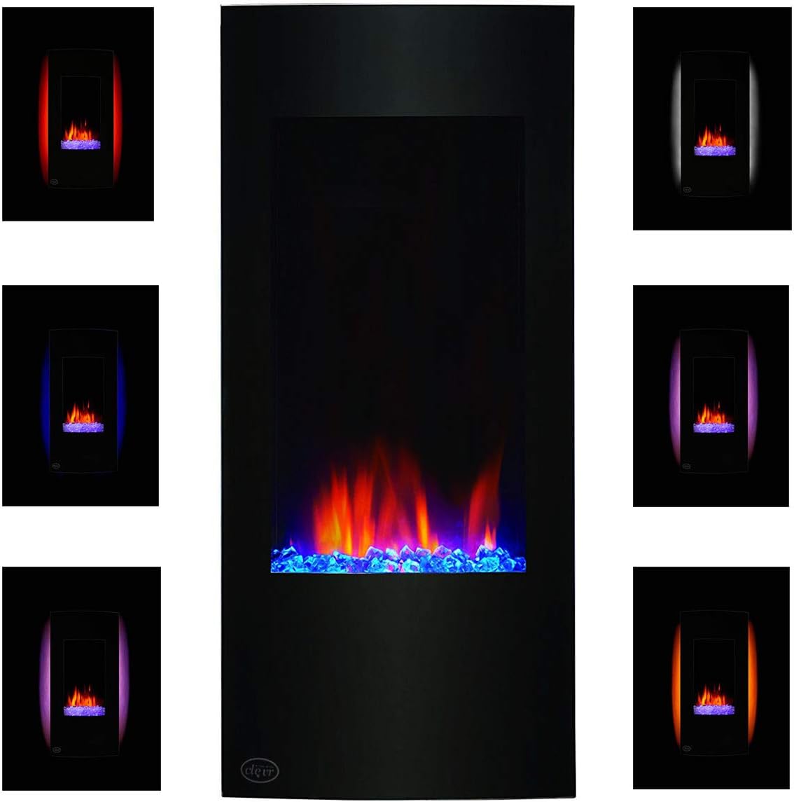 Clevr 32" Vertical Wall Mounted Electric Fireplace Heater, with Adjustable Flame and Back Light Colors, Modern Black Electric Heater with Decorative Crystals, with Remote Control, 750-1500W