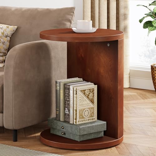 Tribesigns Solid Wood End Table, Set of 2, C-Shaped Round Side Table for Sofa, 2-Tier Couch Table for Small Space, Living Room, Easy Assembly, Walnut