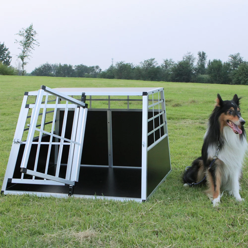 Double Doors Pet Car Transport Cage, Aluminium Puppy Travel Crate Box, Trapezoidal Kennel Dog Cat Carrier Cage