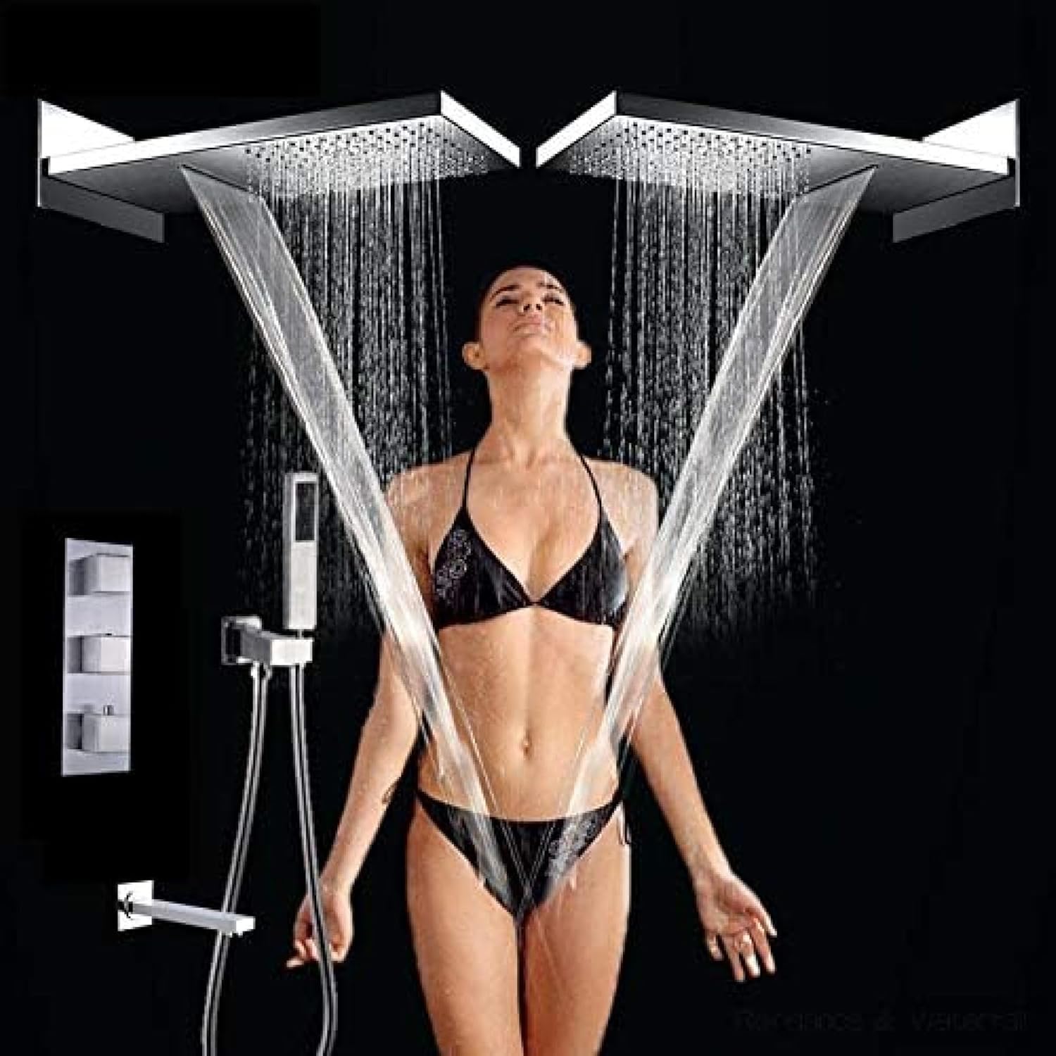 Shower System, LED Luxury Shower Set Waterfall Rainfall Shower Head Shower Faucet Bathroom Faucets Thermostatic 4 Ways Mixer Tap Wall Mount