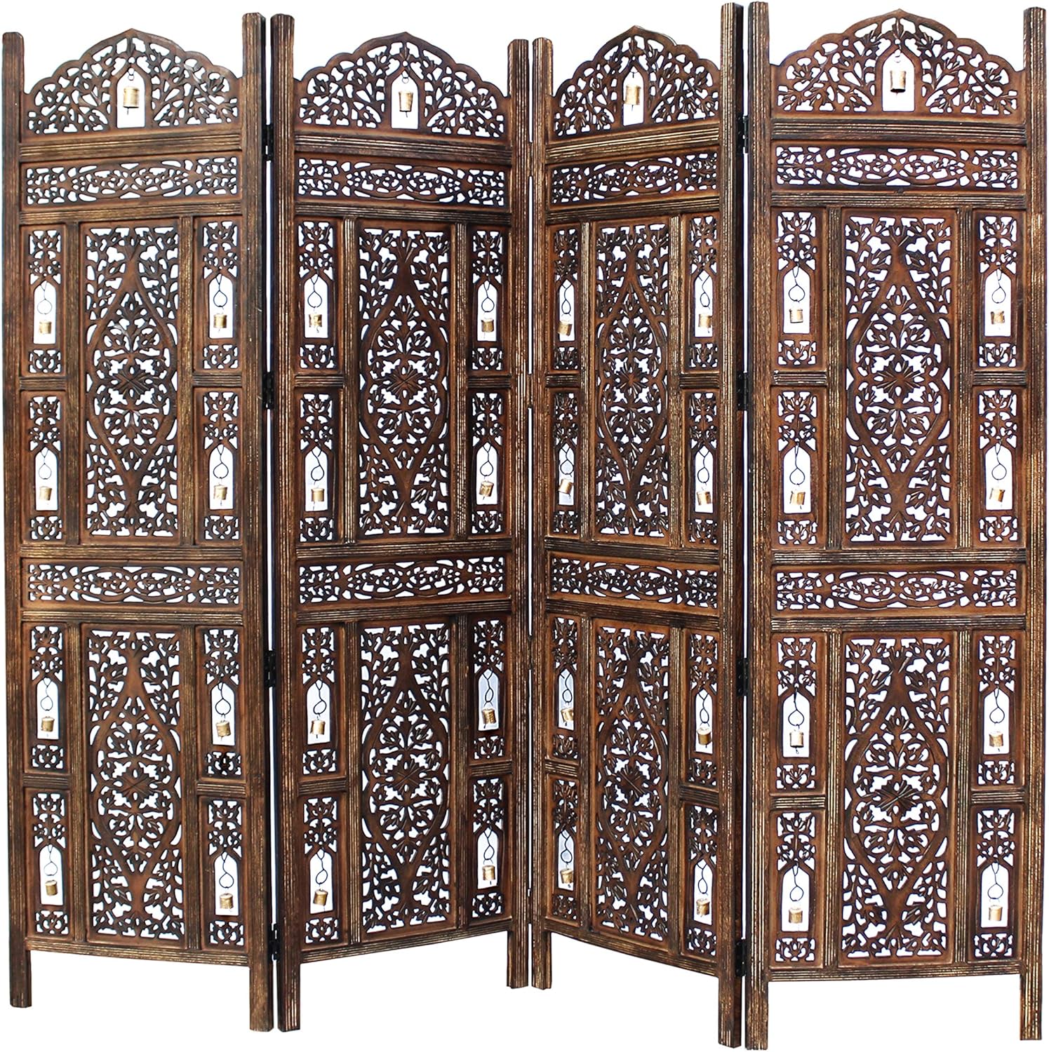 COTTON CRAFT Rajasthan Antique Brown 4 Panel Handcrafted Wood Room Divider Screen 72x80 Intricately Carved on Both Sides Reversible-Hides Clutter,Adds Décor,& Divides The Room Antique Brown Rajasthan
