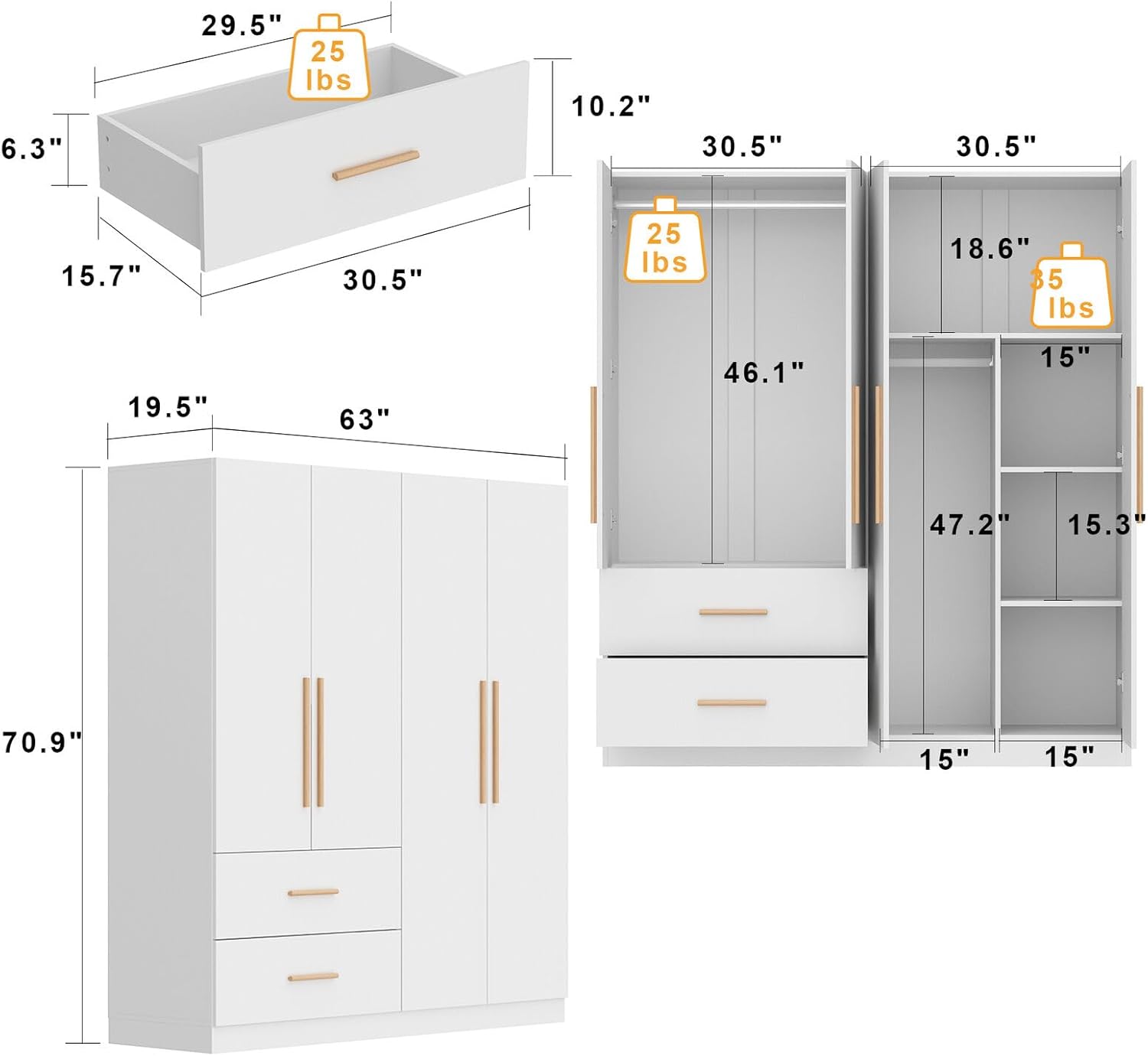 Tall Wooden Wardrobe Armoire Cabinet 4-Door 2-Drawer Free-Standing Wood Furniture Organizer for Clothing Storage, White, E355157241470