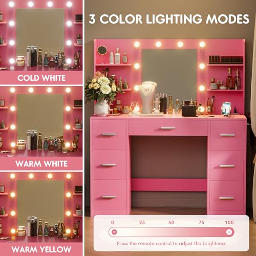 Vanity Desk with LED Lighted Mirror&Power Outlet, 3 Model Lights Makeup Vanity Table with 7 Drawers and 6 Storage Shelves for Bedroom and Dressing Room (Black)