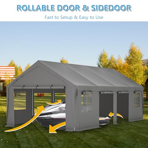 Carport 20x12ft,2in1 Kit Car Canopy Portable Garage,Heavy-Duty Waterproof & UV Protected,Car-Port with Roll-up Ventilated Windows & Removable Sidewalls for SUV,Truck,Boat,Tractor,Sand