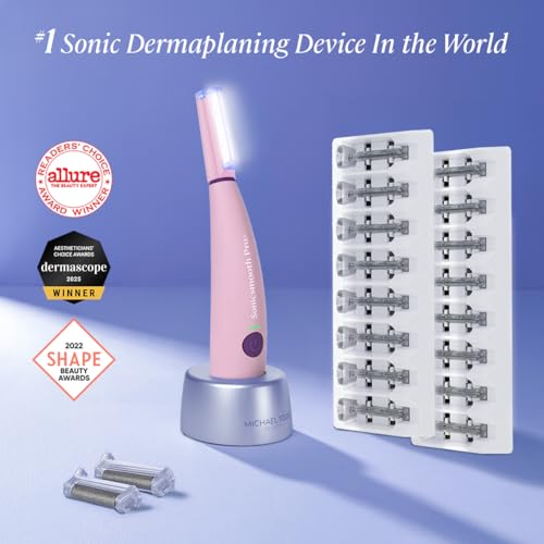 Michael Todd Beauty Sonicsmooth Pro+ Dermaplane Razor for Women Face + Eyebrow trimmer Dermaplaning System w/LED Light Peach Fuzz Remover -16 Dermaplaning Blades & 2 Microsmooth Exfoliation Tips