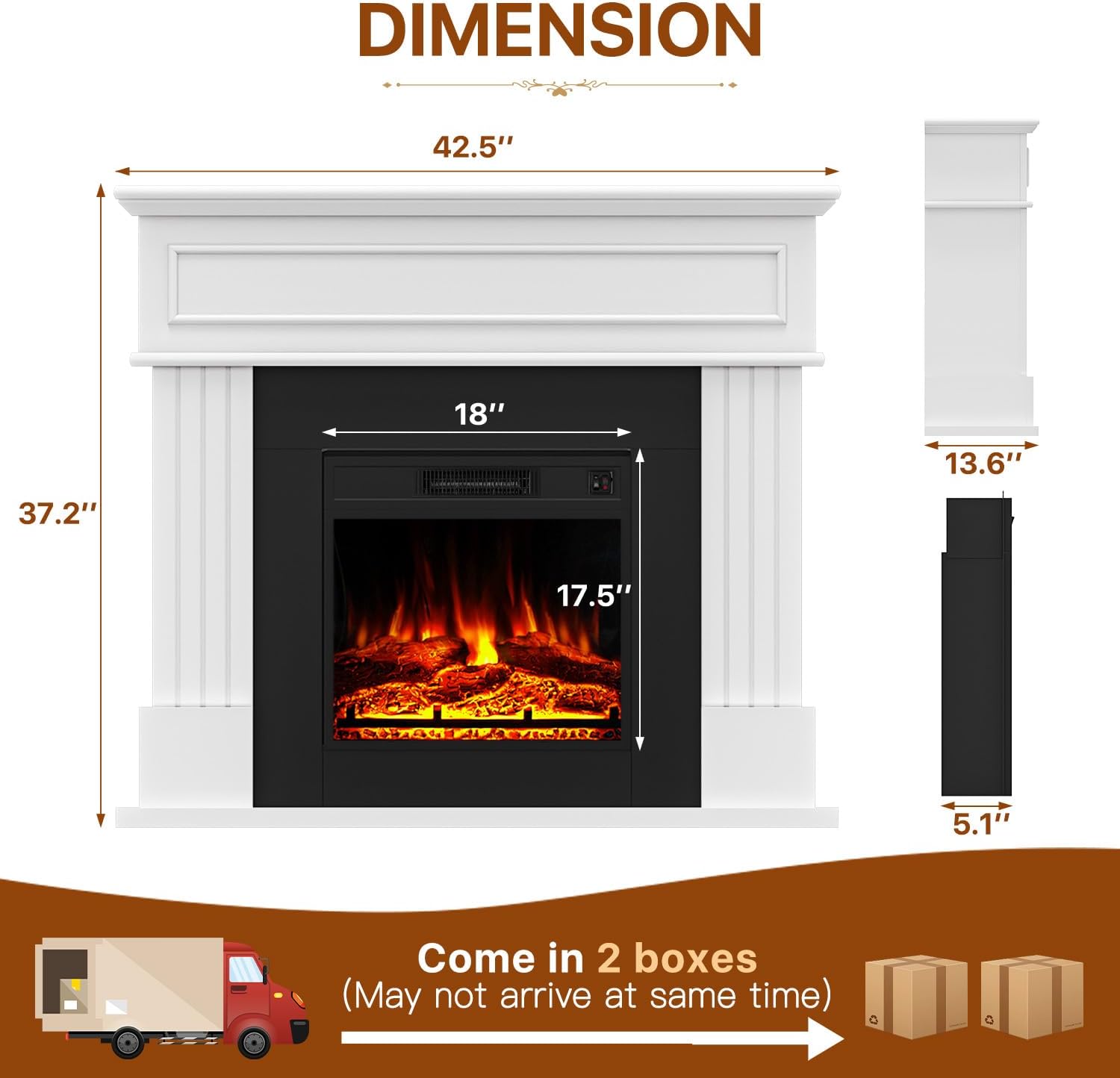 Electric Fireplace with 43" Mantel, 18 inchs Electric Fireplace Insert, Freestanding TV Stand with Fireplace Heater, Faux Log & Led Flames, 1500W Fireplace for Living Room
