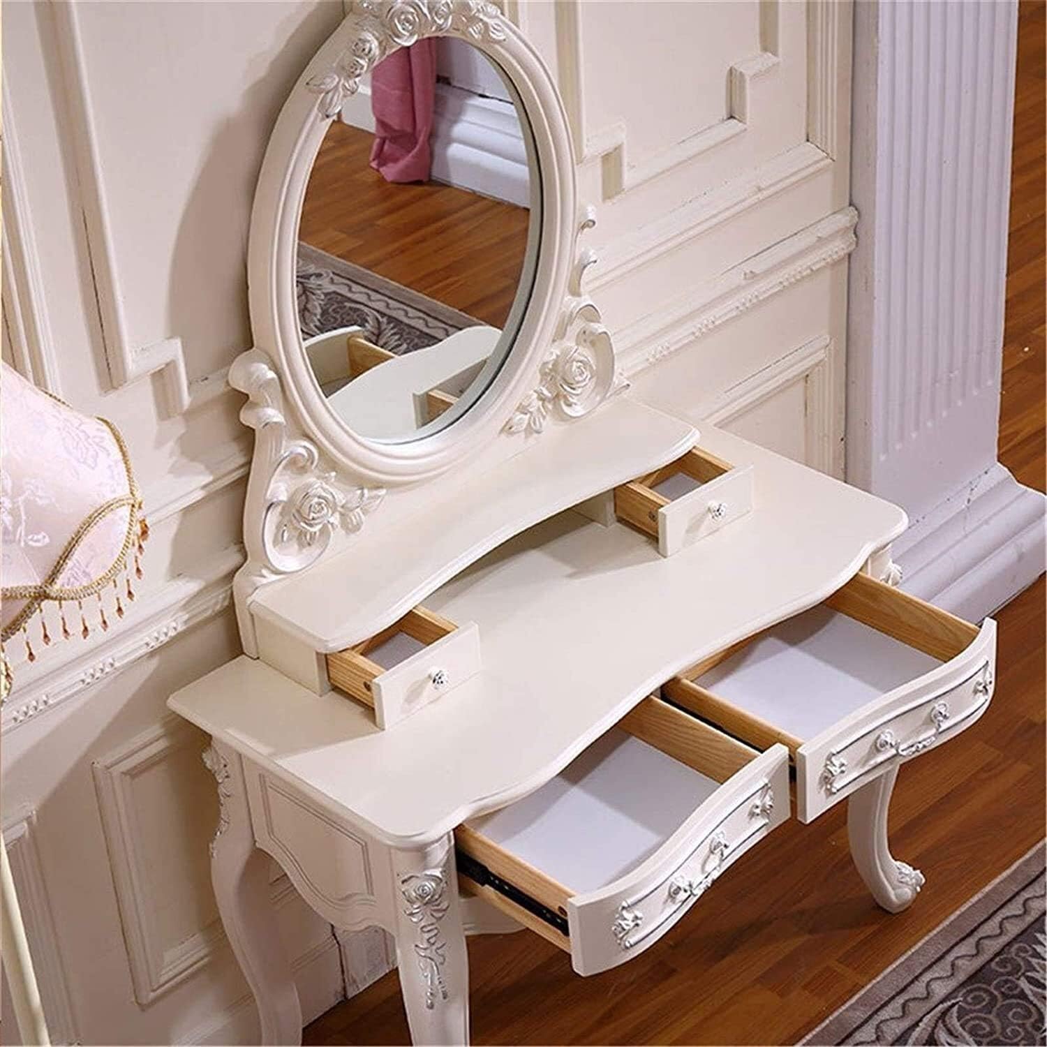 Luxury Dressing Vanity Table w/Stool for Bedroom, 2 in 1 Makeup Vanity Desk European Style Dressing Table Solid Wood Small Apartment Mini Carved
