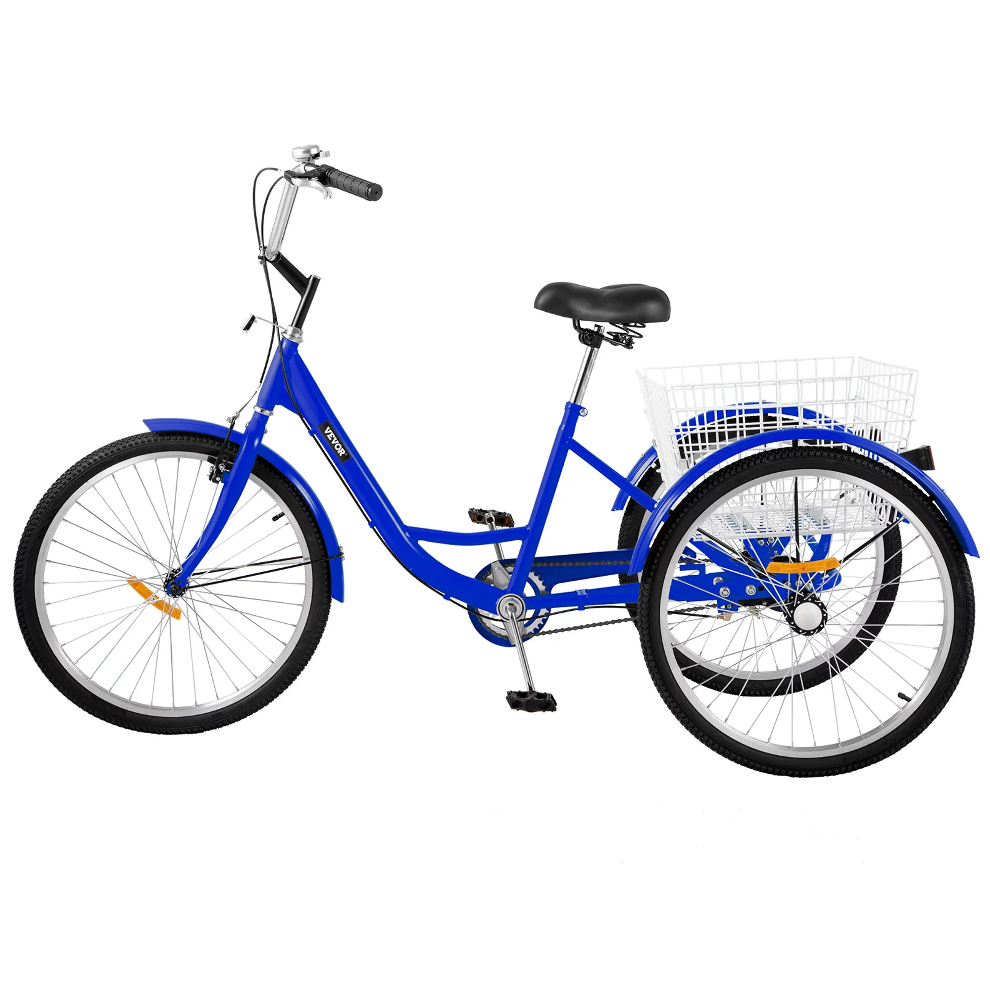 VEVOR Adult Tricycle 24" Single Speed Three Wheel Bike with Bell Brake System and Basket Cruiser Bicycles Large Size for Shopping,Blue