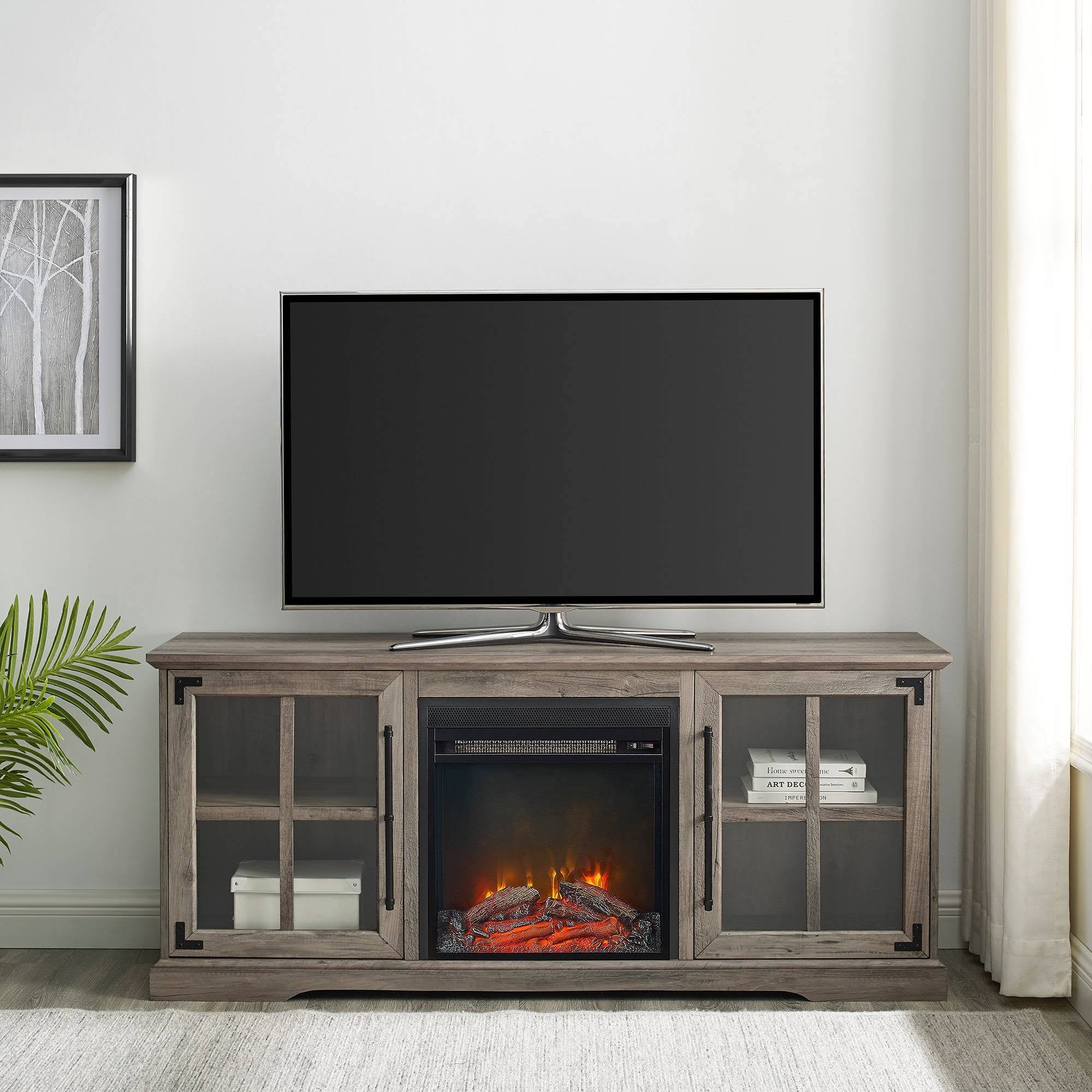 Avalene Rustic Farmhouse 2 Door Window Pane with Electric Fireplace TV Stand for TVs Up to 65x22 Gray Wash - Saracina Home
