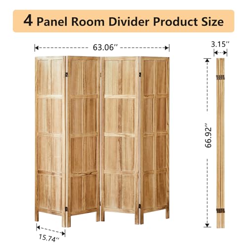 4 Panel Room Divider, 5.6 FT Folding Privacy Screen Room Divider, Partition Divider for Room Separation, Wooden Room Screen Divider Freestanding, for Home Office, Bedroom (Light Brown)