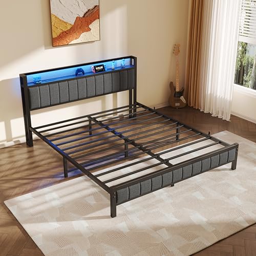 Queen Bed Frame with Storage Headboard and Footboard, Metal Platform Upholstered Bed Frame Queen Size with Charging Station, USB Ports and RGB LED Lights, No Box Spring Needed, Gray Queen Bed