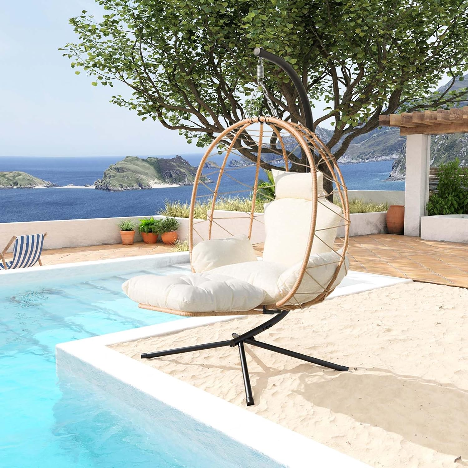 Hanging Egg Chair with Stand Indoor Swinging Chair Outdoor Hammock Egg Chair for Patio, Bedroom, Garden and Balcony (Single with Leg support Milky White, Small)