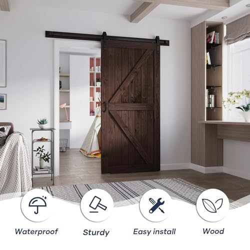 FREDBECK 36in x 84in Brown Barn Door with 6.6ft (79inch) Barn Door Hardware Track Kit and Handle Included, Double Surfaces,Simple Assembly is Required,K-Frame,Coffee