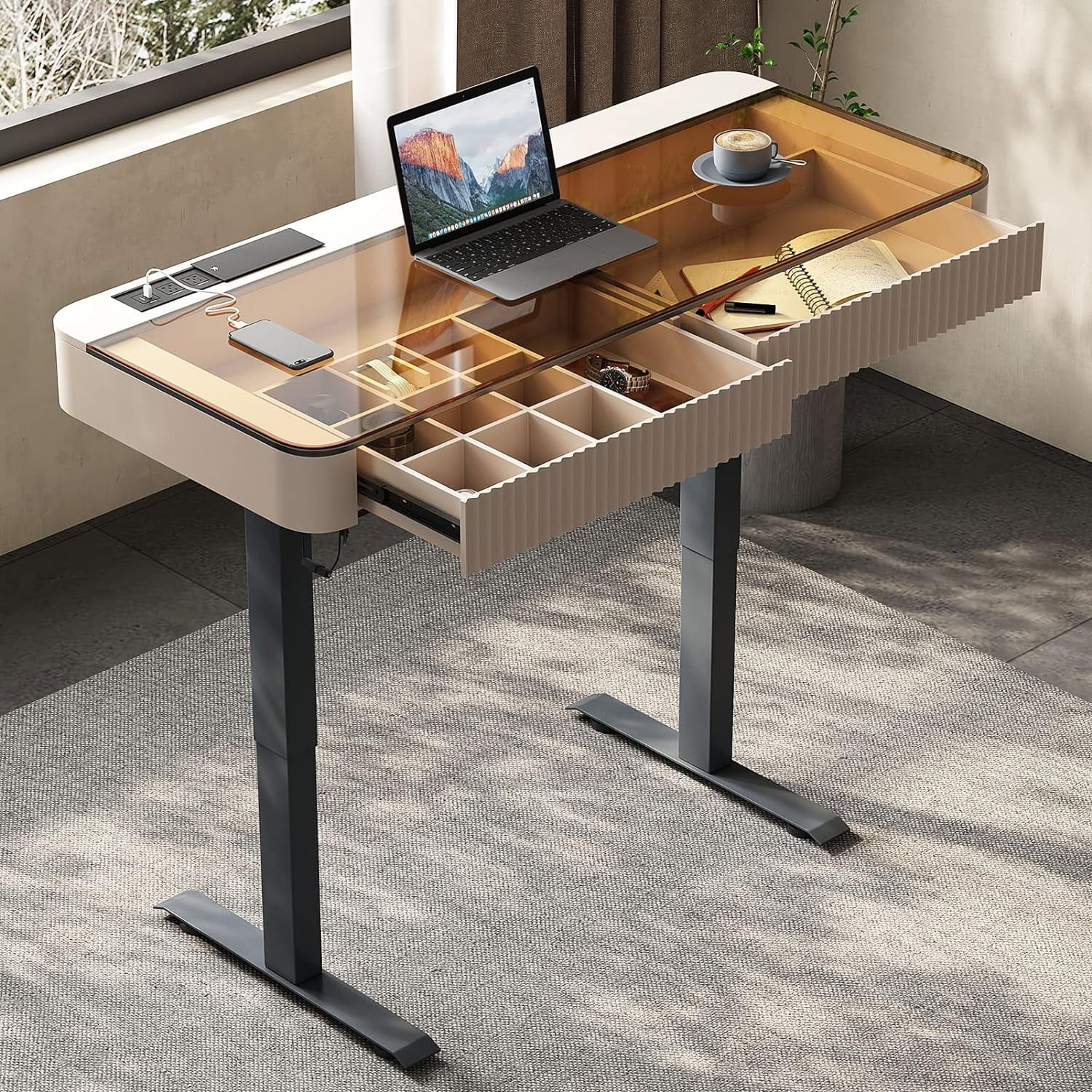 Office Desk, Up and Down Desk,Electric Lift Desk, Standing Desk with Drawer Charging USB Port, Home Office Laptop Desk with Storage