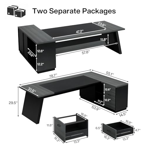 Tribesigns L-Shaped Executive Desk, 78" Modern Office Desk with Drawers and Lateral File Cabinet, Large Computer Desk with Storage Shelves, Workstation for Home Office (Walnut + Black)