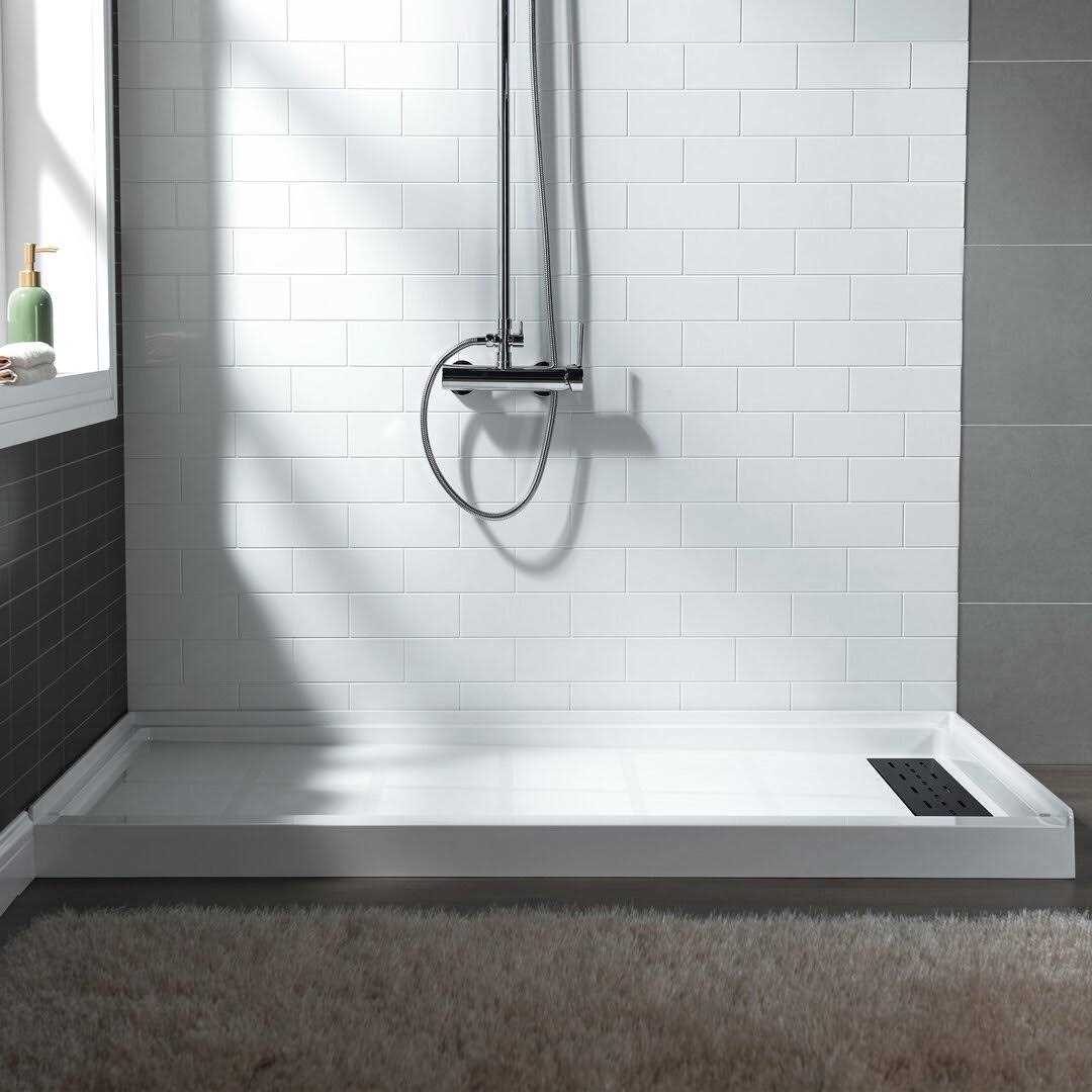 Woodbridge Krasik 60 in. L x Alcove Solid Surface Shower Pan Base Drain in White Cover SBR - Shop Hardware Tools Online Store