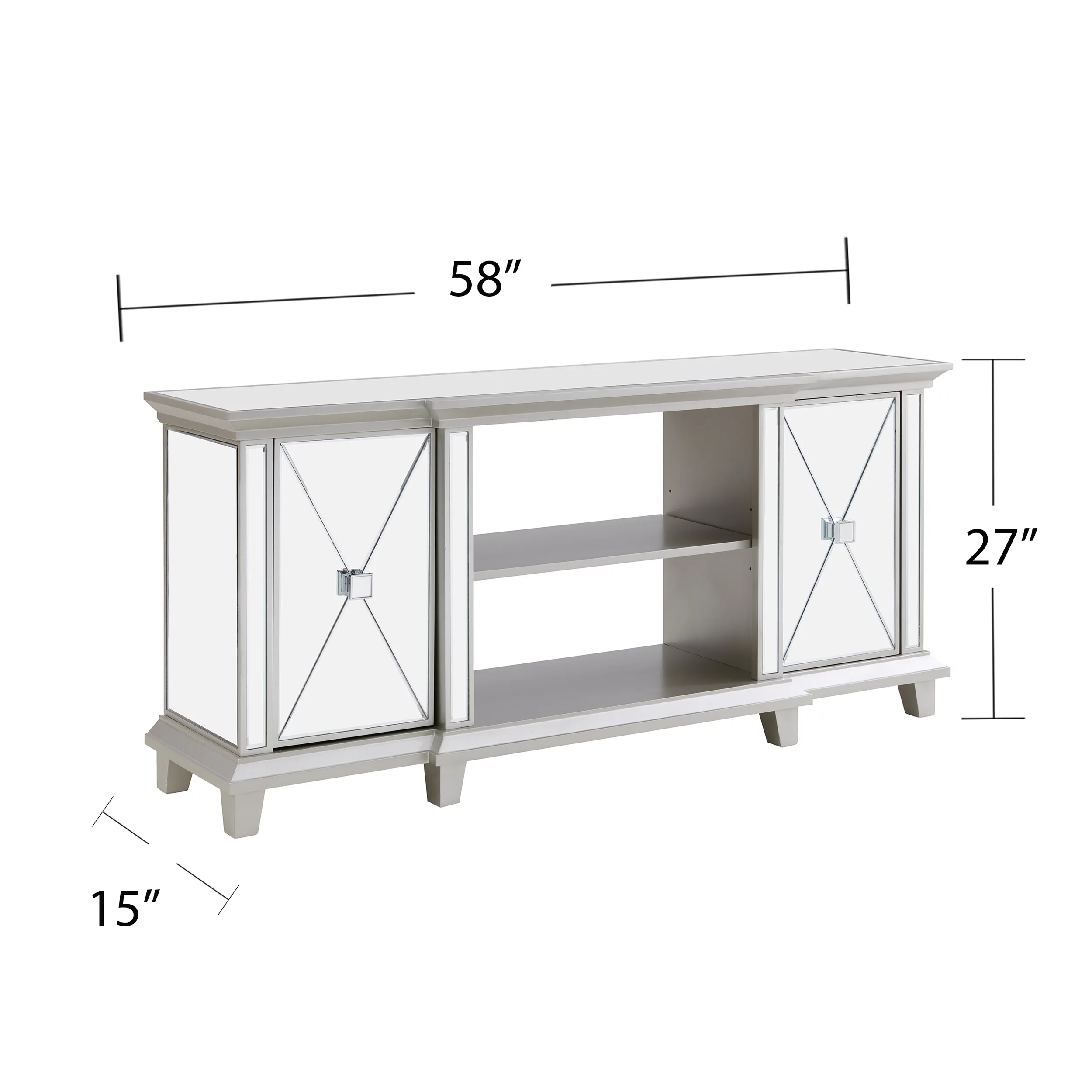 SEI Paddington Glam style Mirrored Media Console w/ Storage in Mirror and silver finish