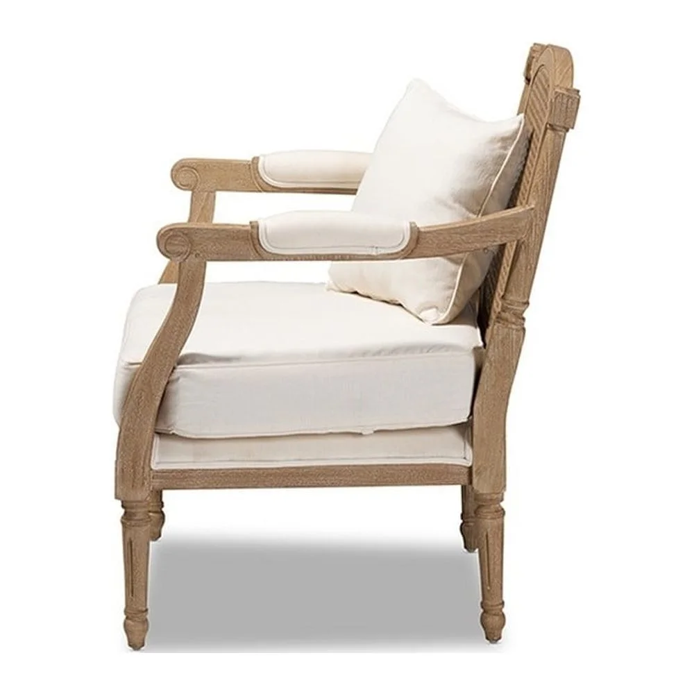 Baxton Studio Clemence French Provincial Ivory Fabric Upholstered Whitewashed Wood Armchair, Ivory, Oak