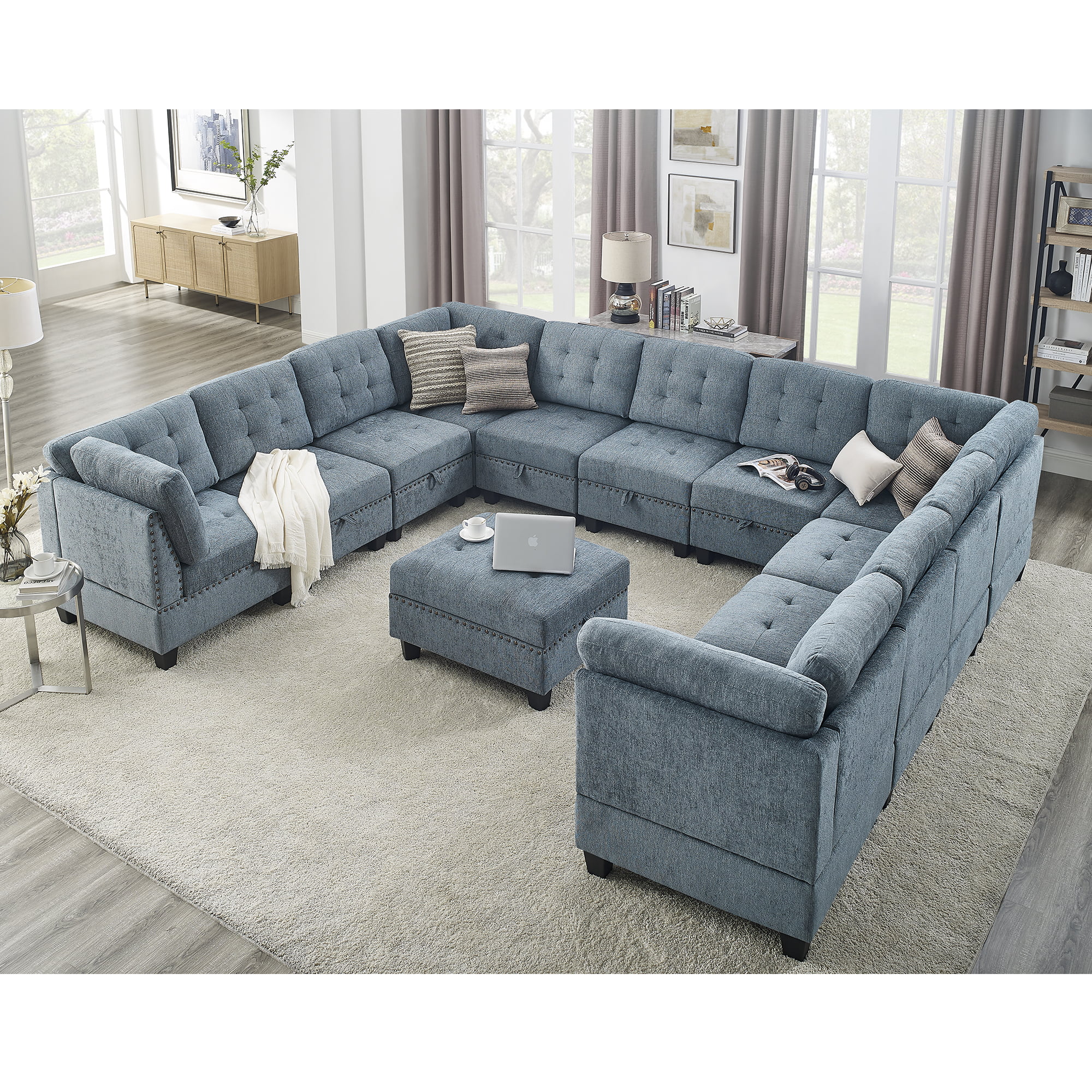 U shape Modular Sectional Sofa,DIY Combination,includes Seven Single Chair, Four Corner and One Ottoman,Navy Blue