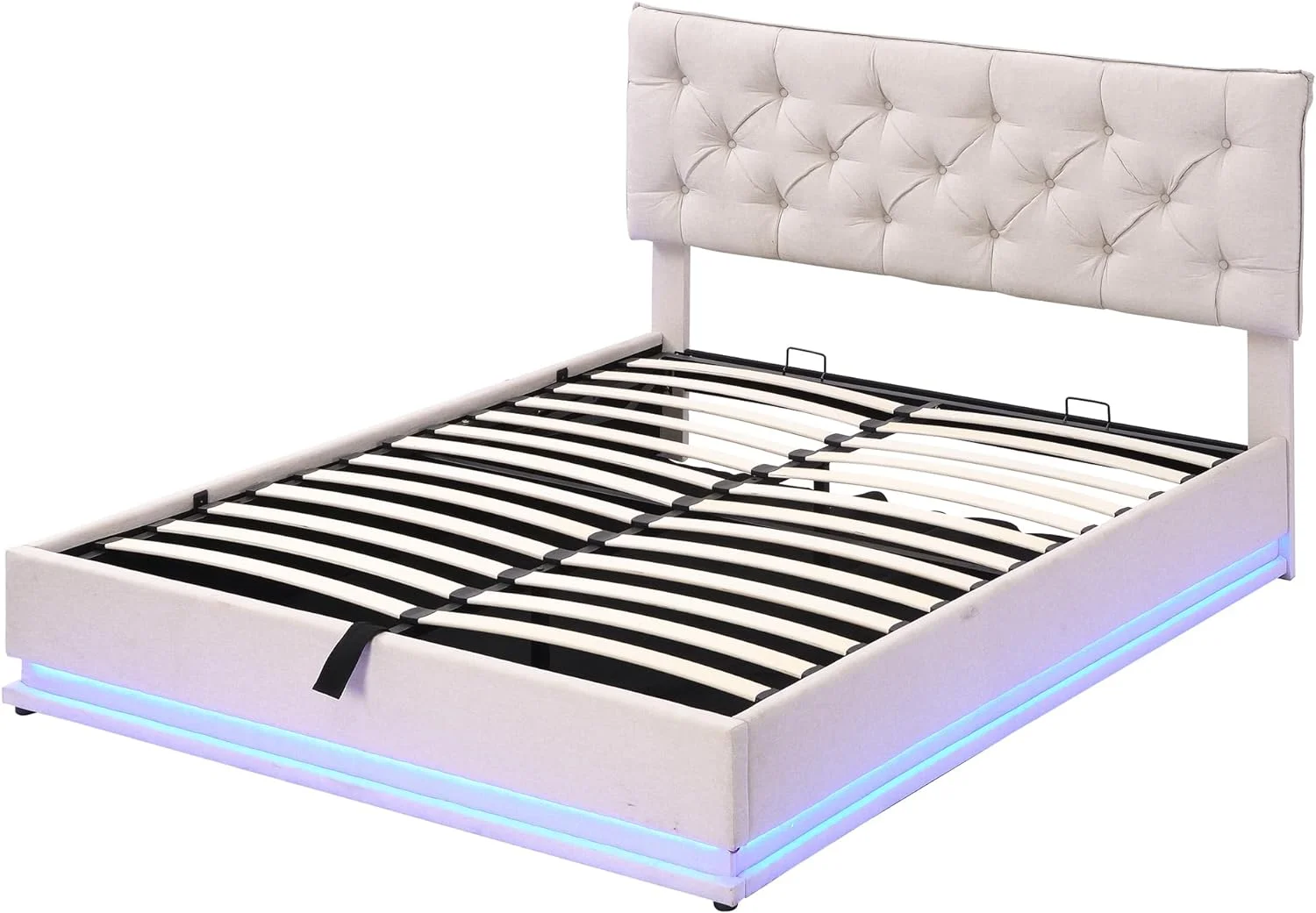 Queen Upholstered Bed With Lift Up Storage And LED Light, Modern Queen Platform Bed With Button-Tufted Headboard, Wood Queen Size Bed Frame For Bedroom, Linen, Beige, HZG-SF000039AAA