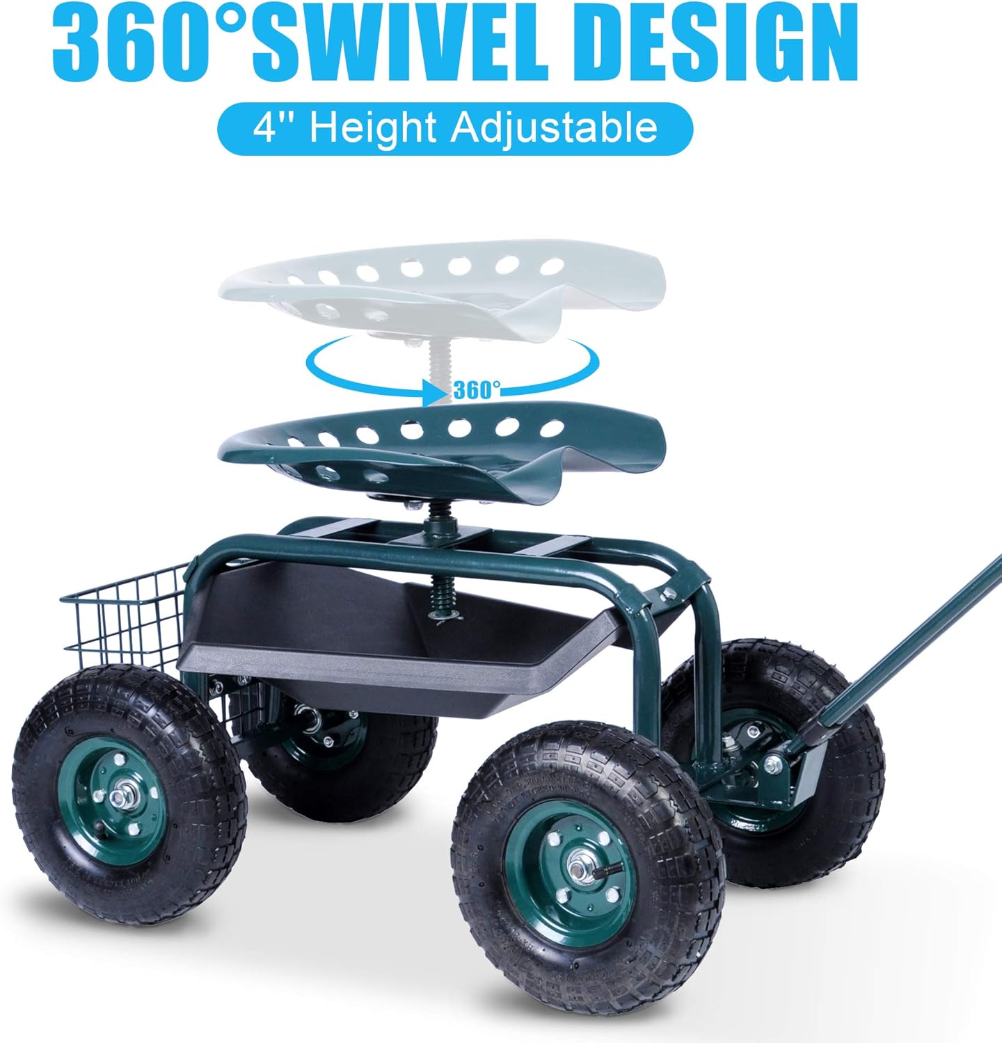 Dporticus Rolling Garden Steerable Tool Cart Scooter with Extendable Steer Handle,360 Swivel Seat and Tool Storage Basket, Green