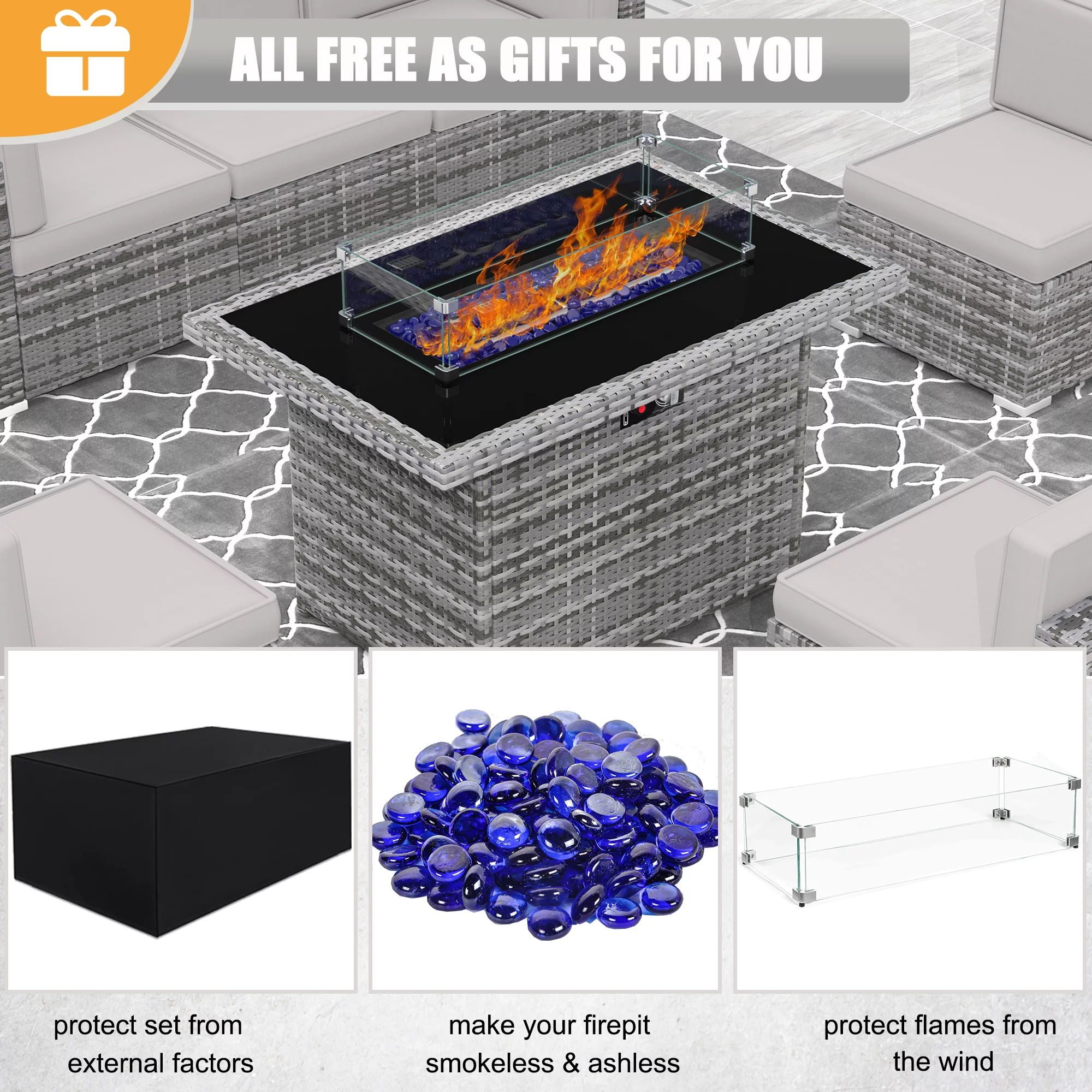 8 Piece Patio Furniture Set with 44" Propane Gas Fire Pit Table, Outdoor Sectional Conversation Set Wicker Rattan Sofa Set with Coffee Table